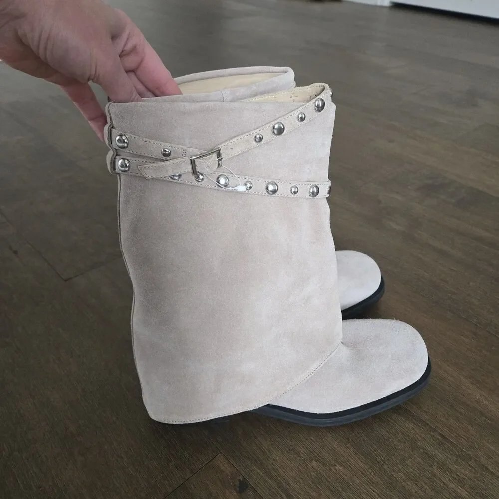 Free People Womens Beige Grey Scorpio Studded Foldover Boots Size 10 New